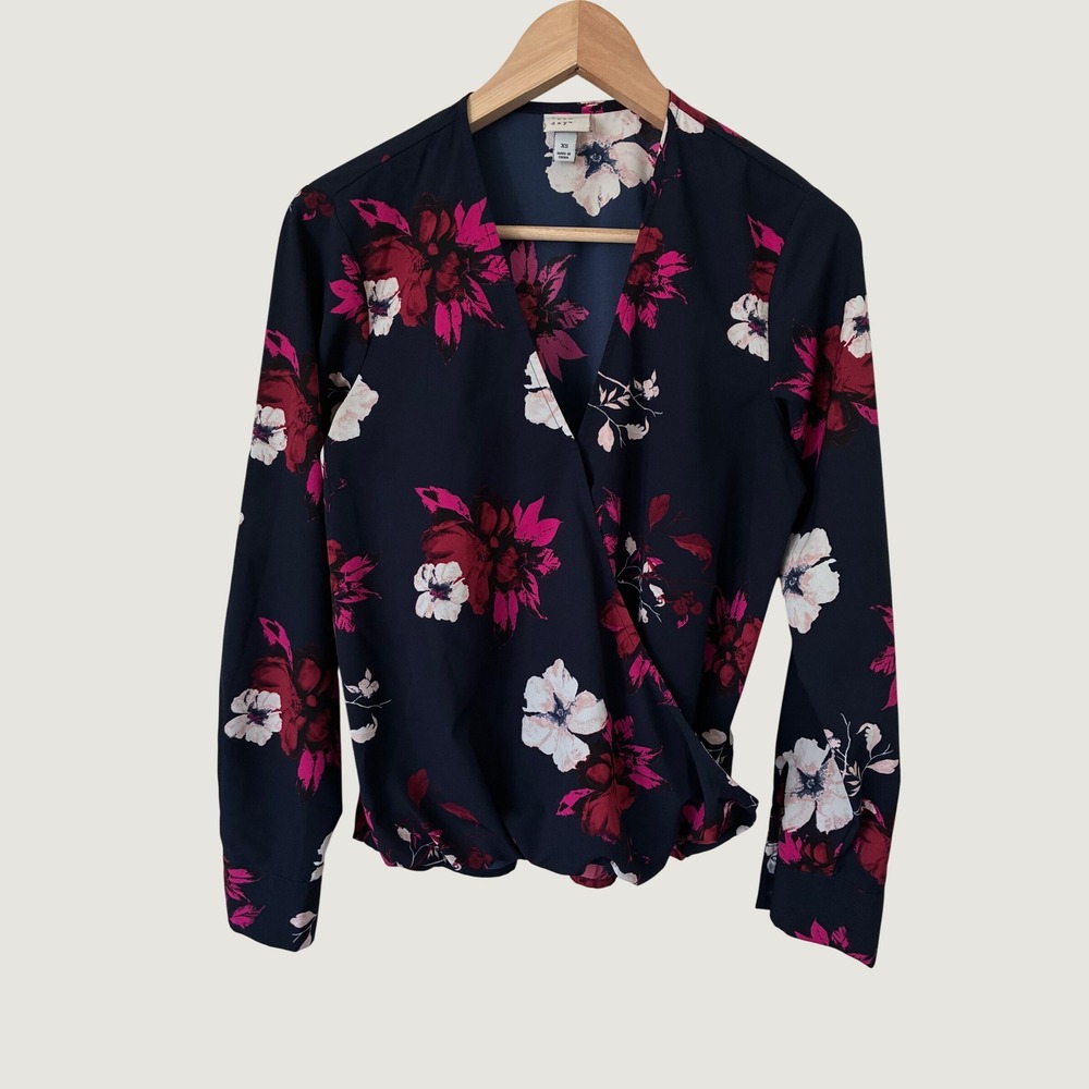 A New Day Navy Pink Floral Surplice Wrap Blouse Long Sleeve XS office